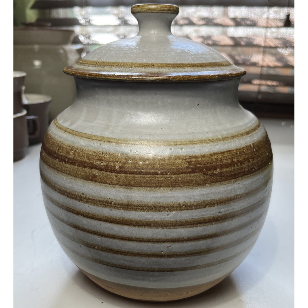 Steve Ashley Studio Pottery Lidded Jar Signed Stoneware Striped Canister 8.5"